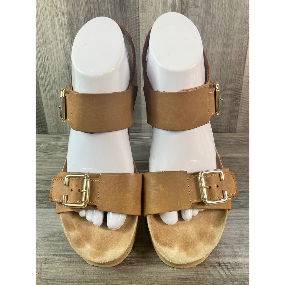Mephisto Air-Relax Tan Leather Cork Wedge Sandals Gold Buckle Womens Size 40 - Picture 3 of 9